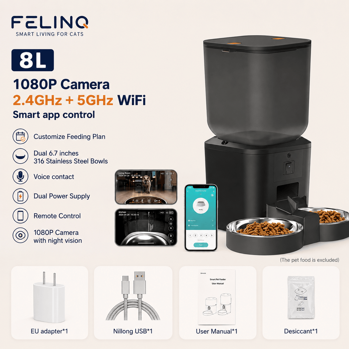 Felinq Automatic Cat Feeder 8L with 1080p Camera & WiFi