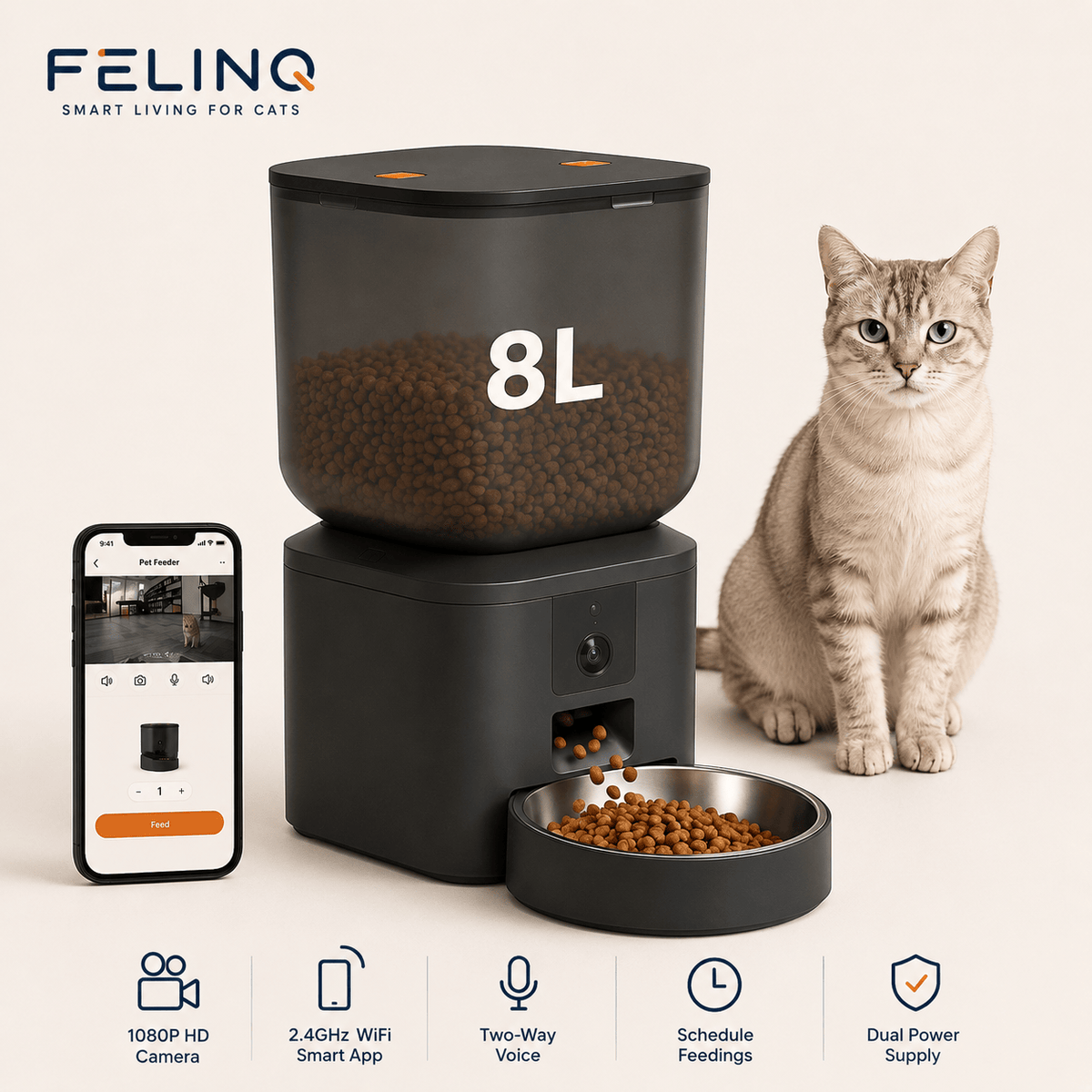 Felinq Automatic Cat Feeder 8L with 1080p Camera & WiFi