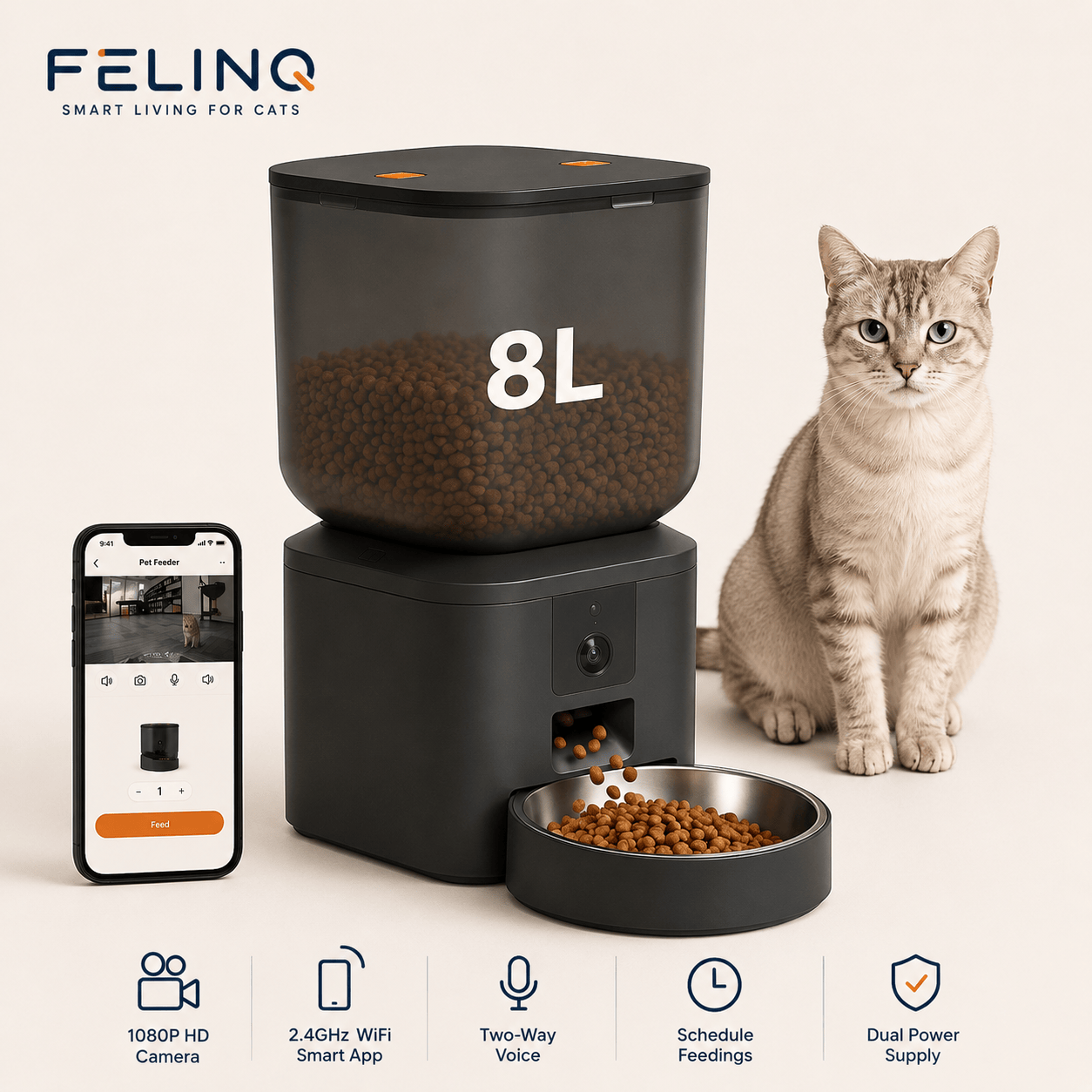 Felinq Automatic Cat Feeder 8L with 1080p Camera & WiFi