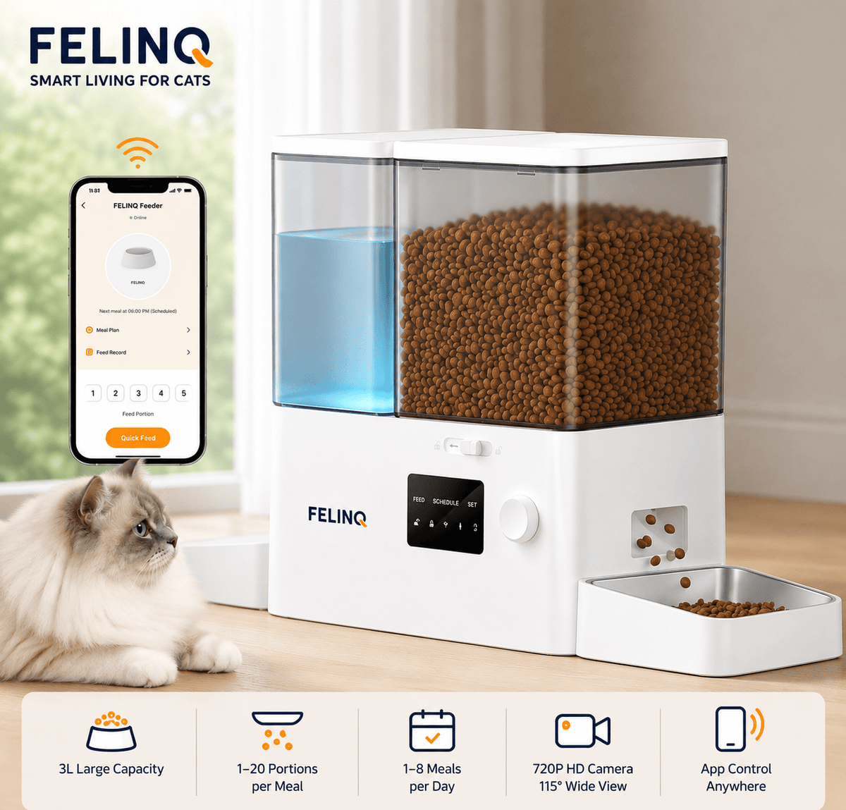 Felinq Automatic Cat Feeder & Water Dispenser 8.5L with WiFi
