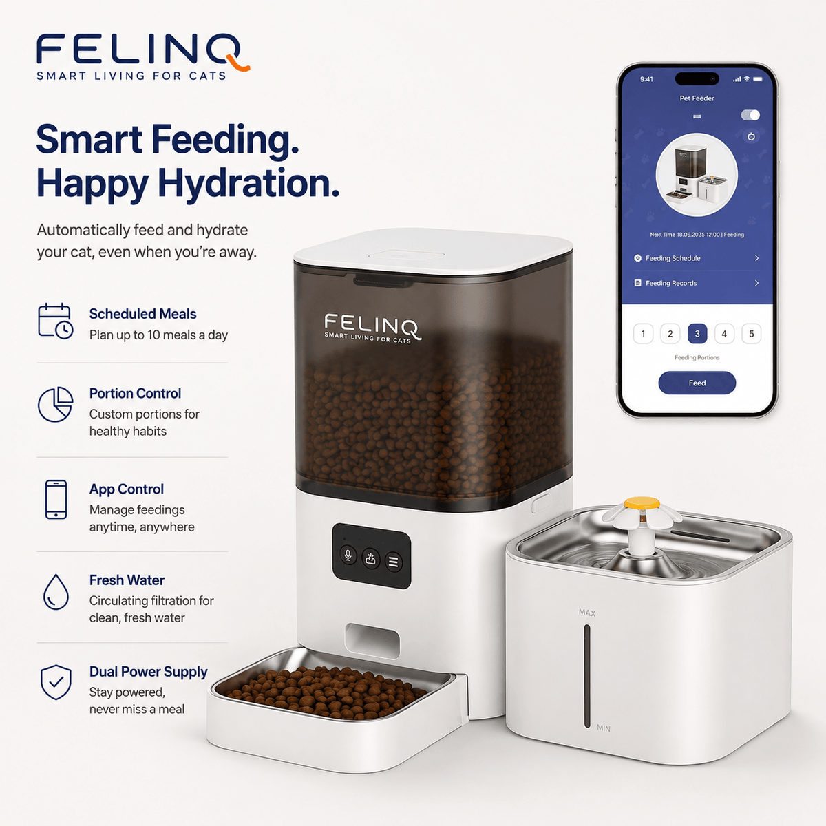 Felinq Automatic Cat Feeder & Water Fountain 2-in-1 – App Control