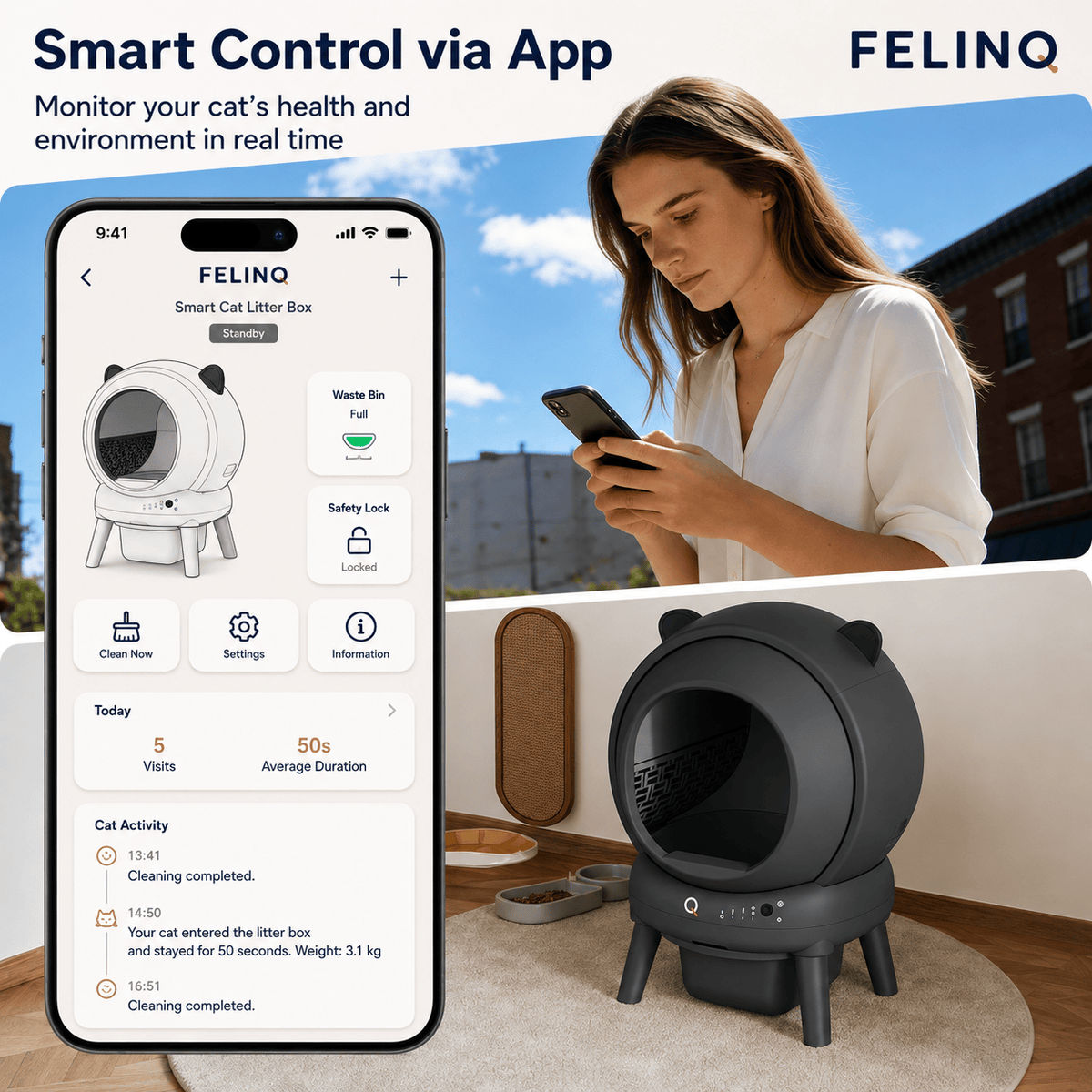 Felinq Automatic Self-Cleaning Cat Litter Box 65L with App Control