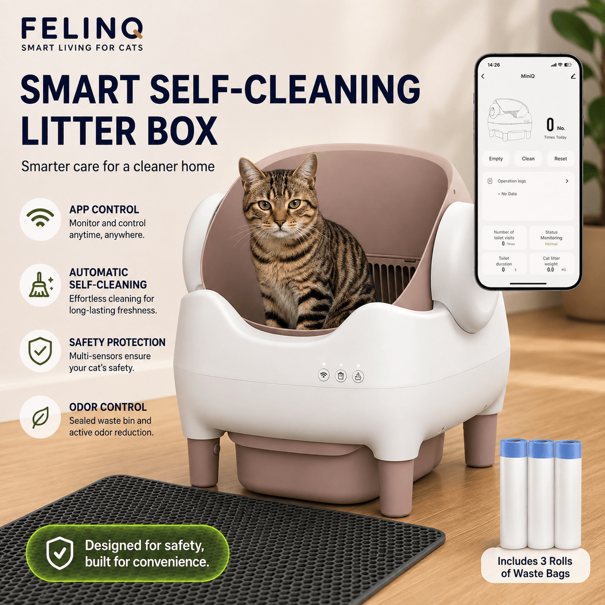 Felinq Automatic Self-Cleaning Cat Litter Box 76L with App Control