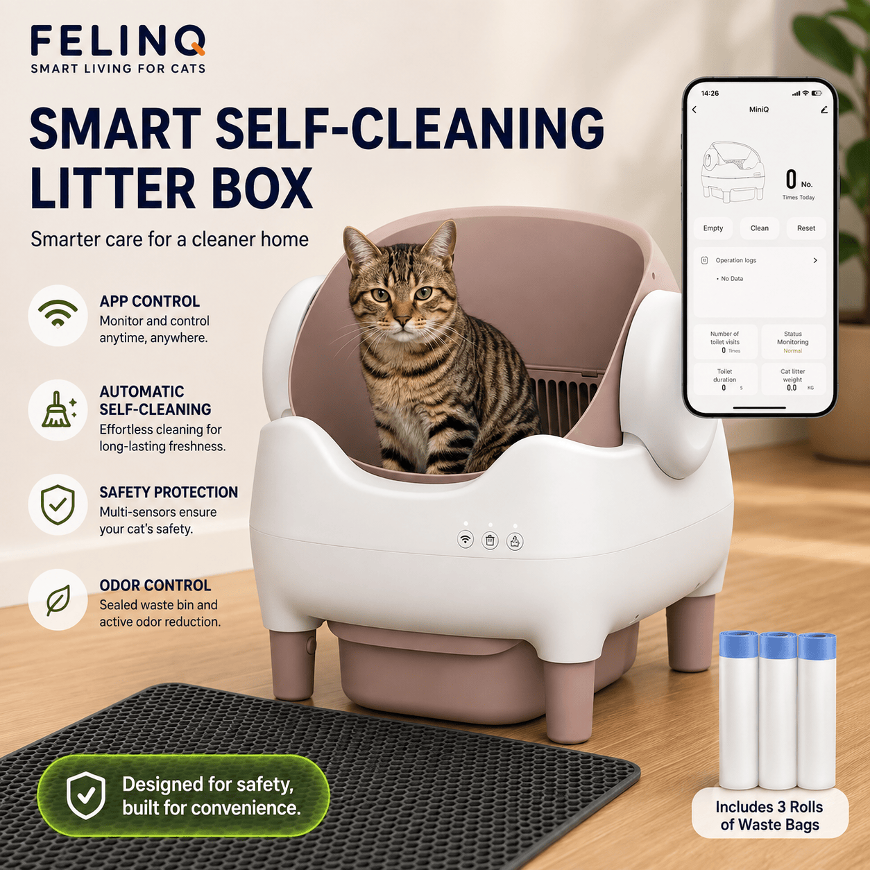 Felinq Automatic Self-Cleaning Cat Litter Box 76L with App Control
