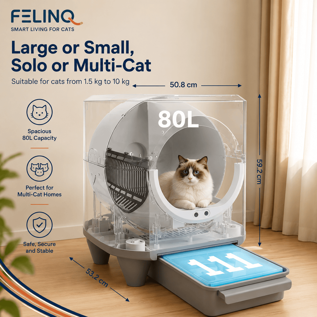 Felinq Automatic Self-Cleaning Cat Litter Box 80L with App Control