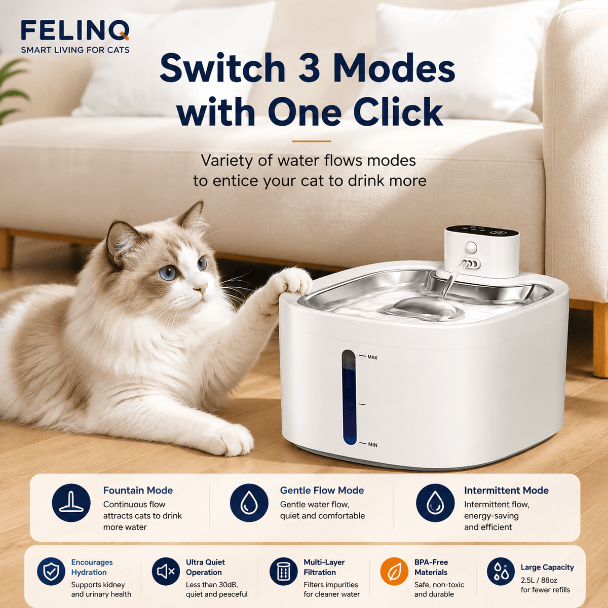 Felinq Cordless Cat Water Fountain 3.5L | Stainless Steel