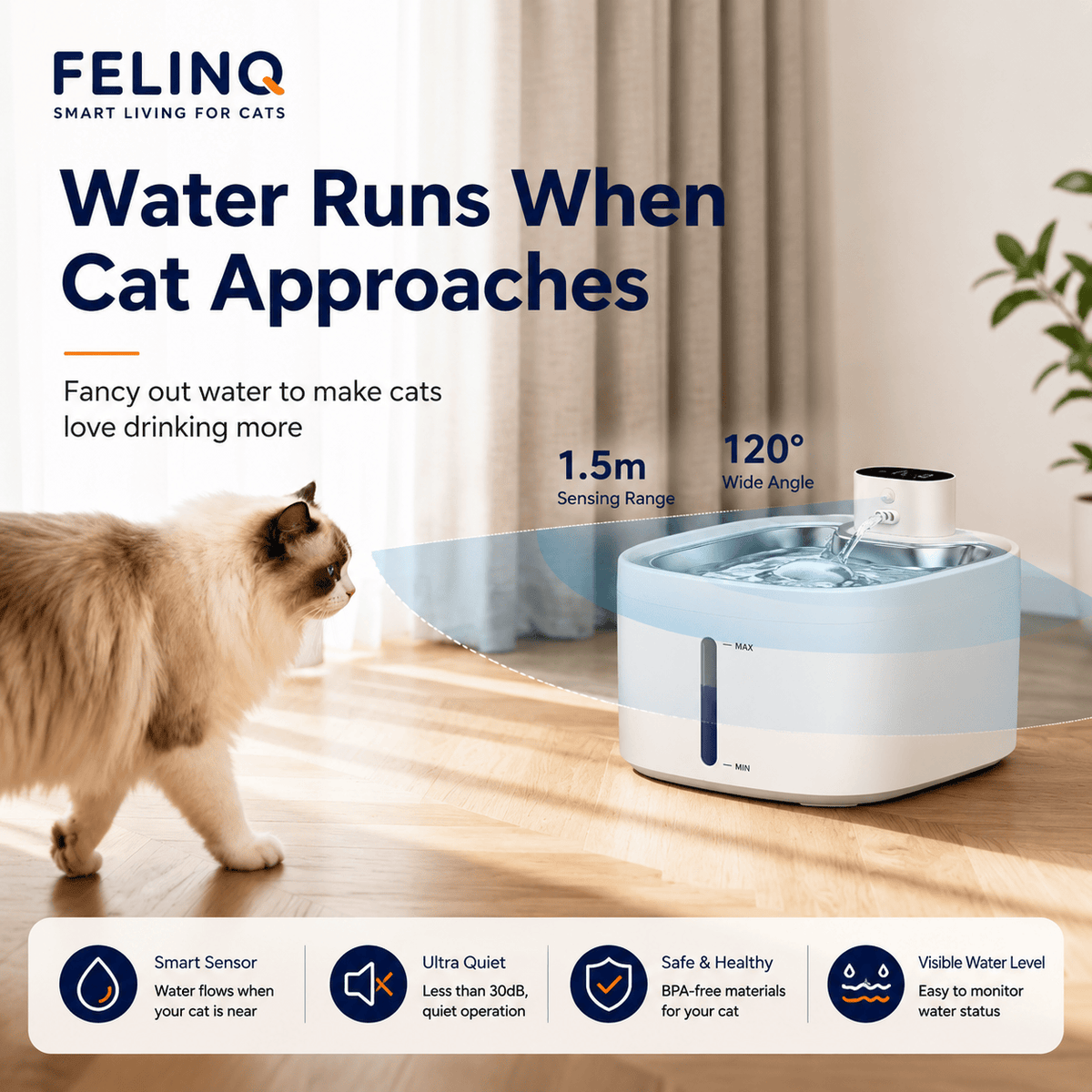 Felinq Cordless Cat Water Fountain 3.5L | Stainless Steel