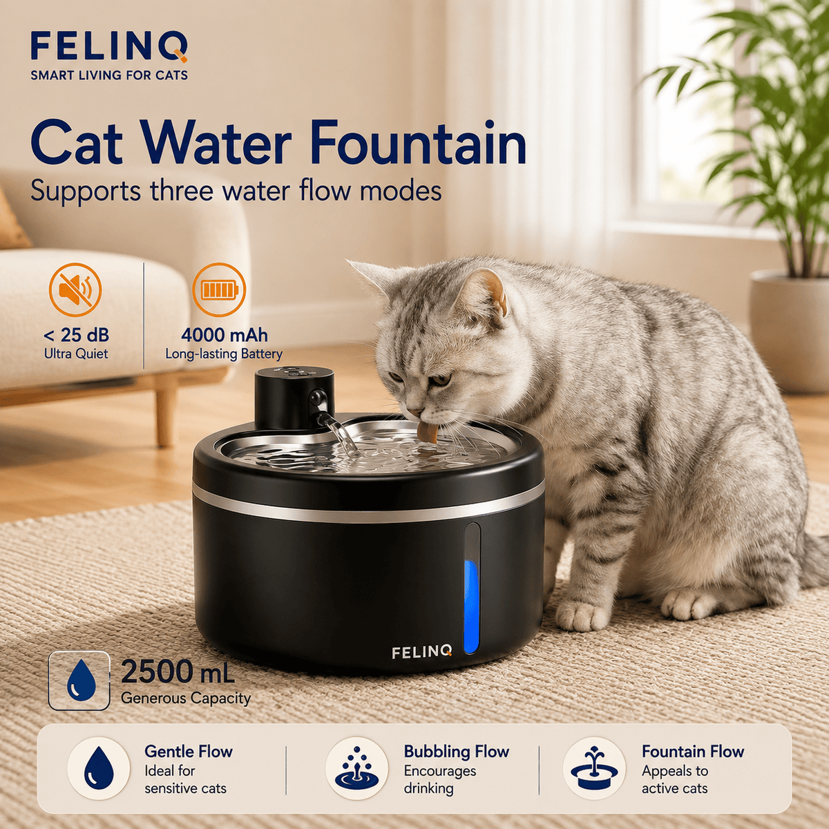 Felinq Wireless Cat Water Fountain 2.5L | Stainless Steel