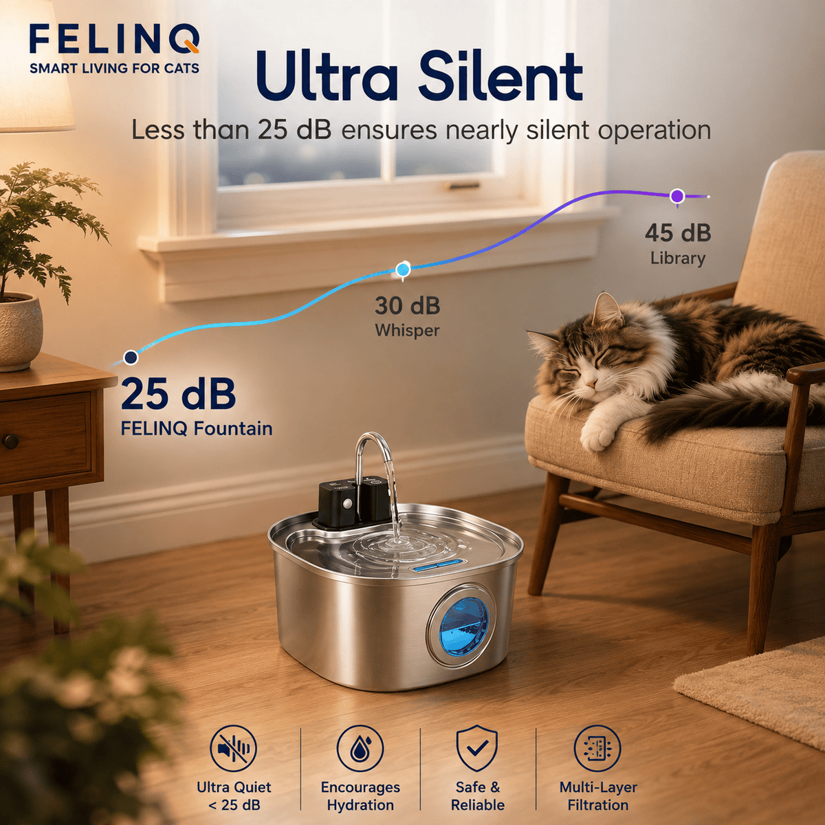 Felinq Wireless Cat Water Fountain 2.5L | Stainless Steel