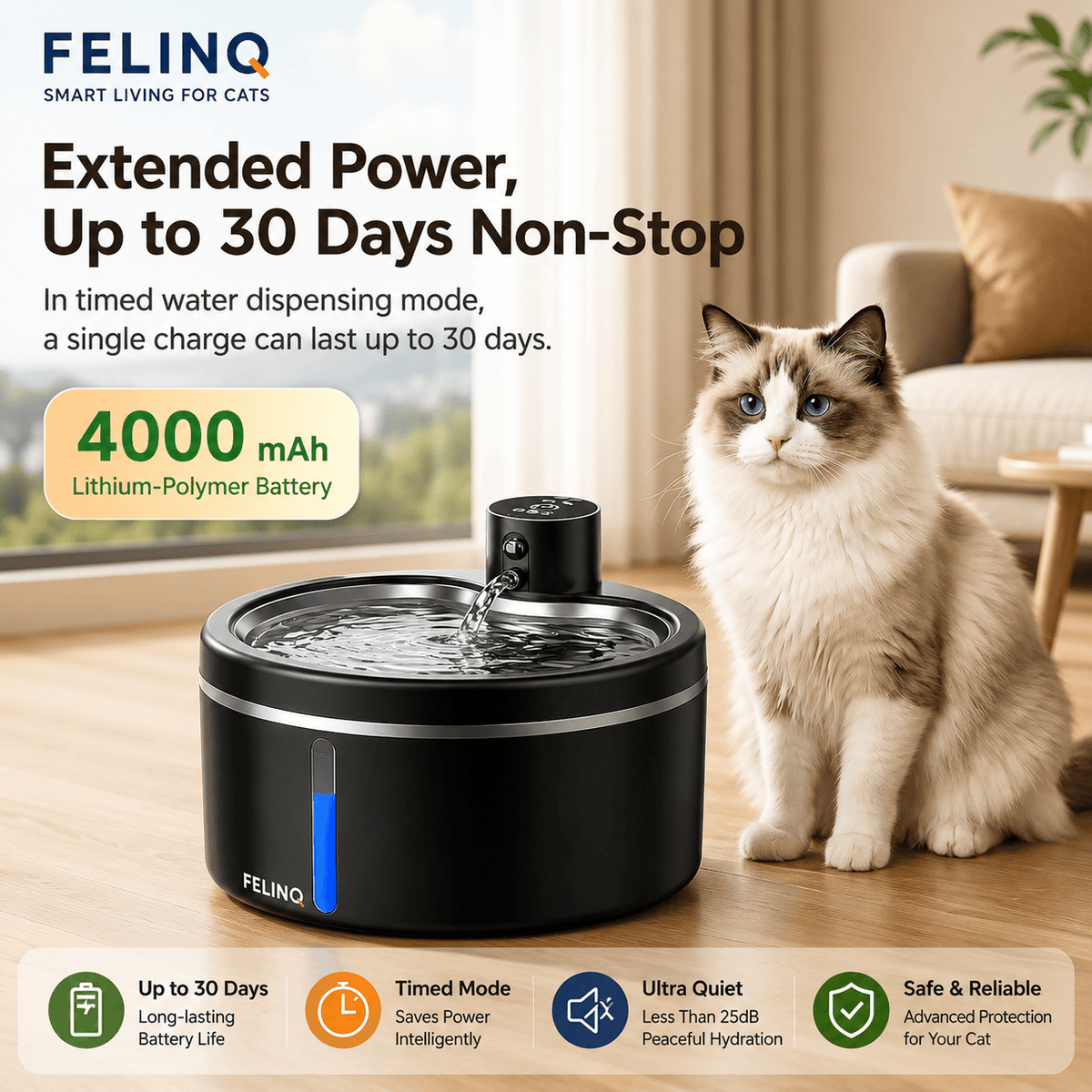 Felinq Wireless Cat Water Fountain 2.5L | Stainless Steel
