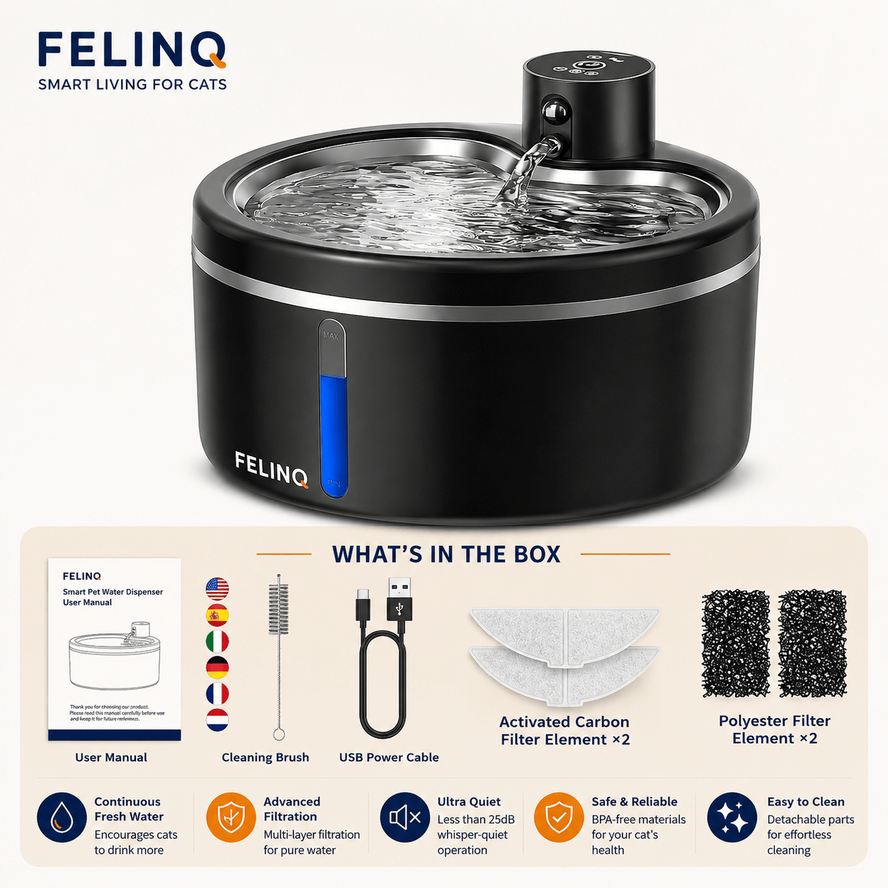 Felinq Wireless Cat Water Fountain 2.5L | Stainless Steel