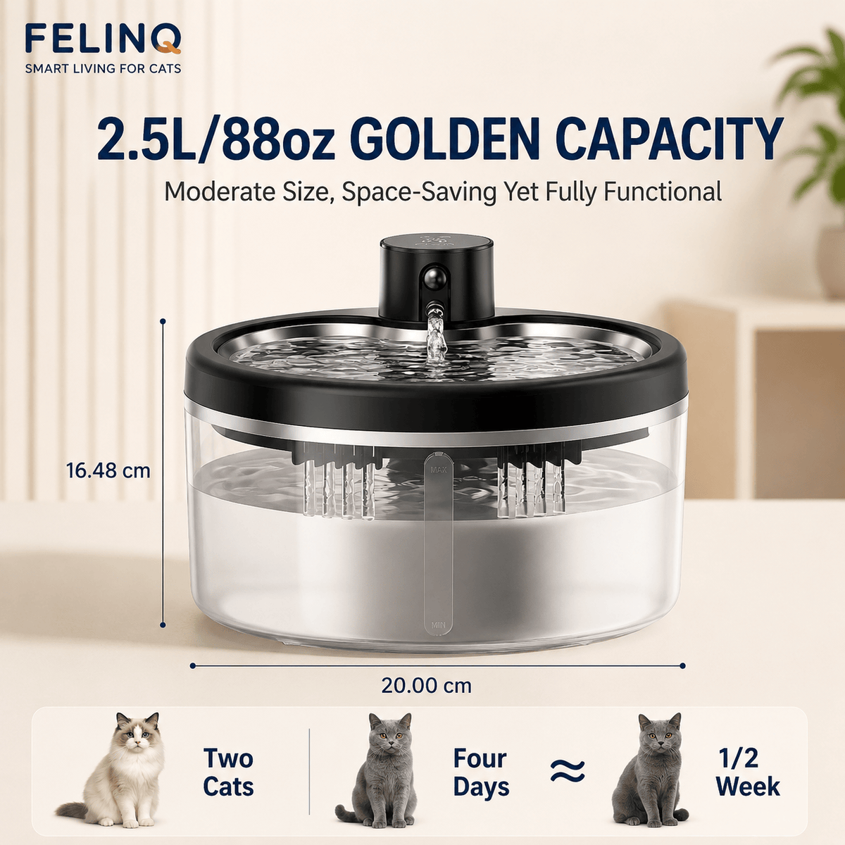 Felinq Wireless Cat Water Fountain 2.5L | Stainless Steel